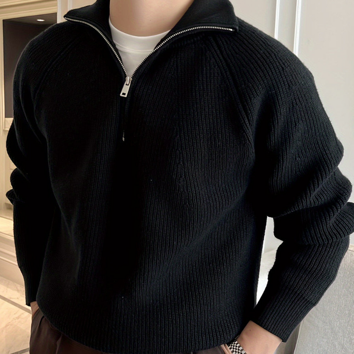 Herr Chunky Knit Tröja - Halv Dragkedja Klassisk - Svart