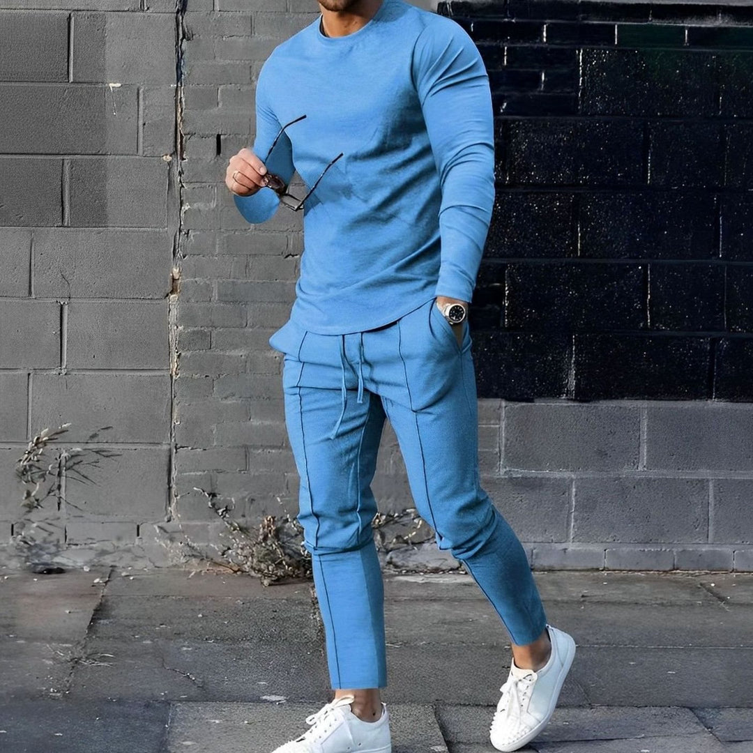 Herr Crew-Neck Sweatshirt och Joggerset in blå, Klassisk Loungewear