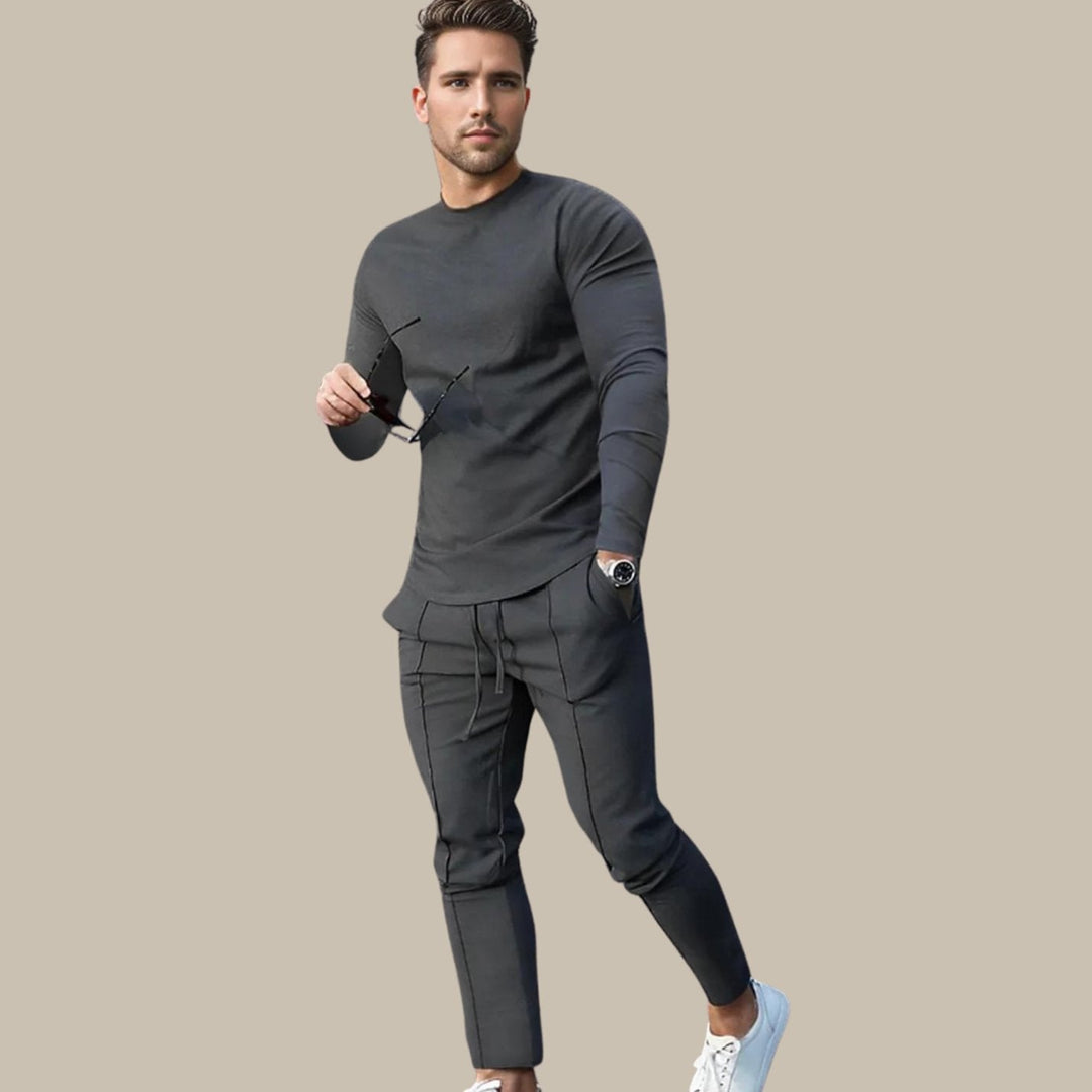 Herr Crew-Neck Sweatshirt och Joggerset in mörkgrå, Klassisk Loungewear