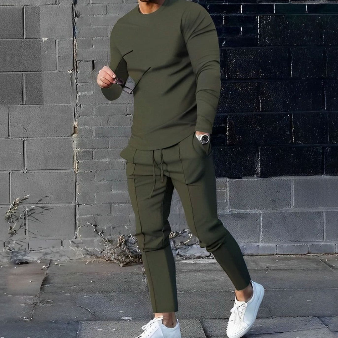 Herr Crew-Neck Sweatshirt och Joggerset in olivgrön, Klassisk Loungewear