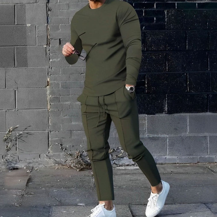 Herr Crew-Neck Sweatshirt och Joggerset in olivgrön, Klassisk Loungewear
