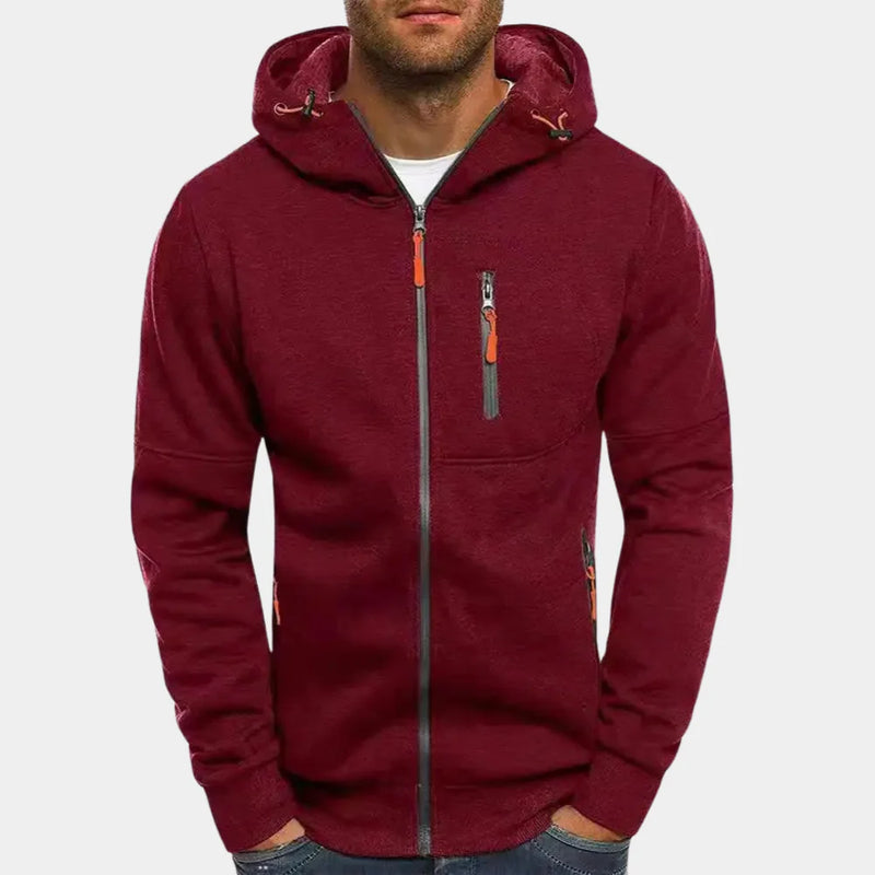 Herr Dragkedja Hoodie med Kontrastdetaljer in röd, Klassisk Stil