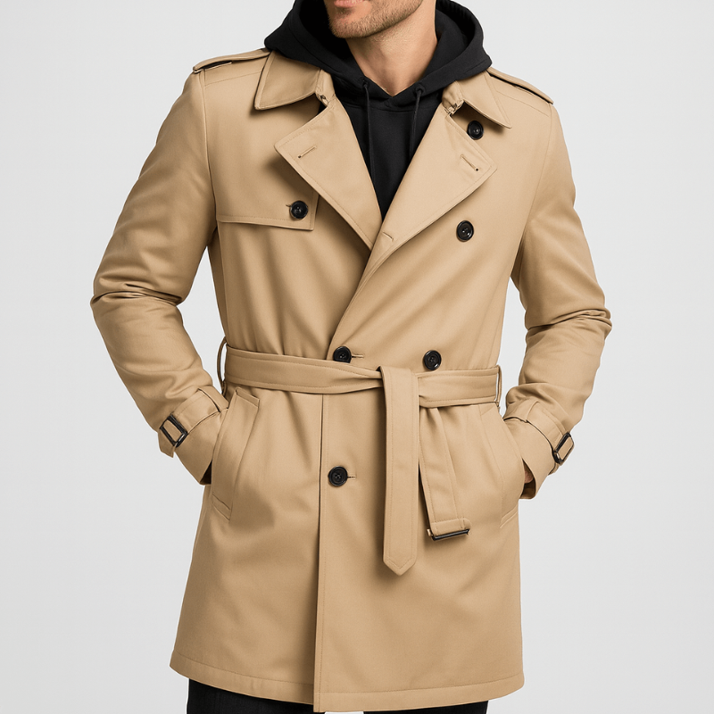 Herr Dubbelknäppt Trenchcoat - Klassisk Höstjacka - Khaki