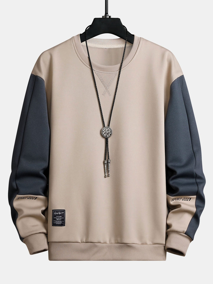 Herr Färgblock Sweatshirt – Avslappnad Passform Långärmad - Beige