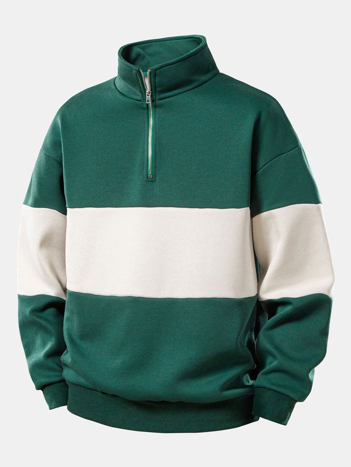 Herr Färgblock Sweatshirt med Dragkedja – Avslappnad Passform - Mörkgrön