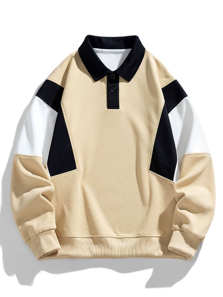 Herr Färgblockerad Polokrage Sweatshirt – Avslappnad Passform - Beige