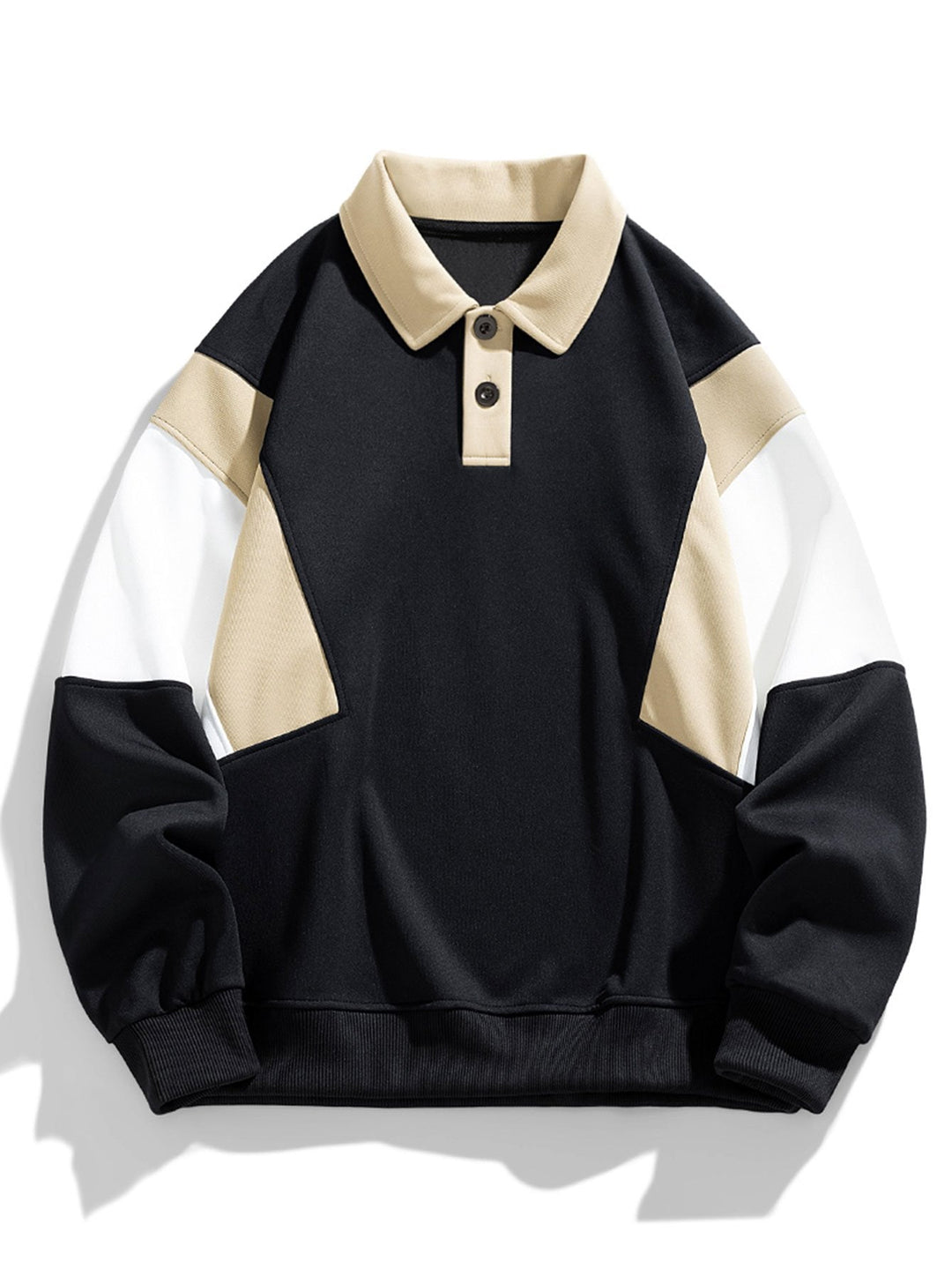 Herr Färgblockerad Polokrage Sweatshirt – Avslappnad Passform - Svart