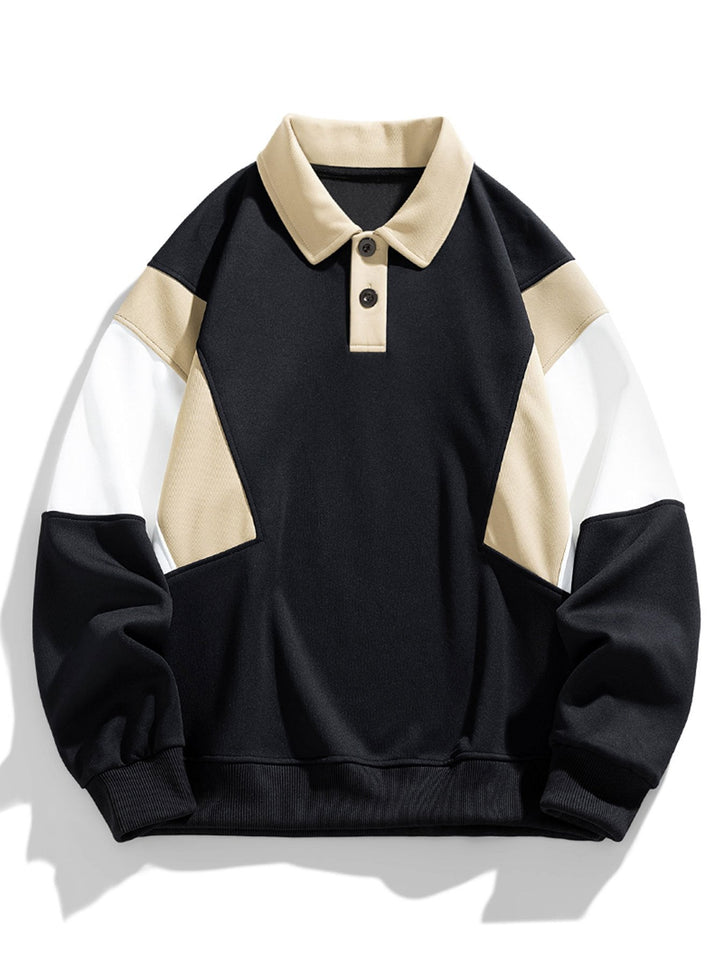 Herr Färgblockerad Polokrage Sweatshirt – Avslappnad Passform - Svart