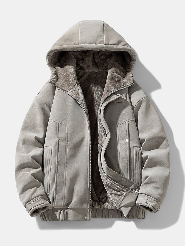 Herr Faux Suede Hoodie Jacka in grå, Mysig Vinteröverrock