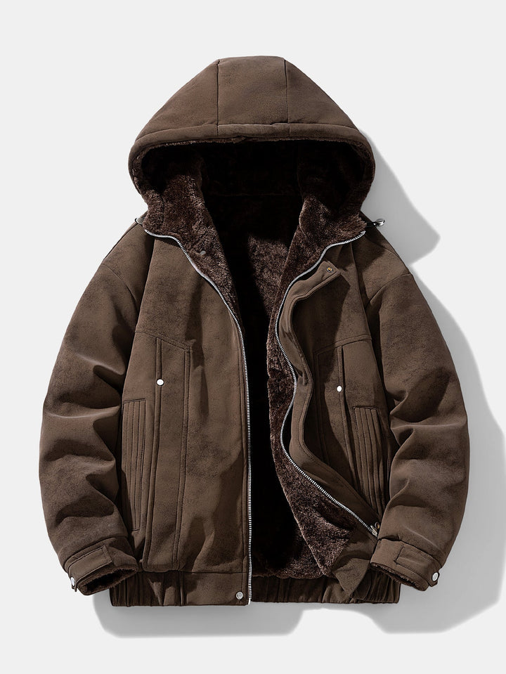 Herr Faux Suede Hoodie Jacka in mörkbrun, Mysig Vinteröverrock