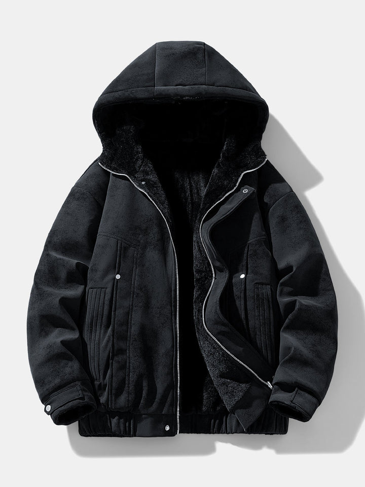 Herr Faux Suede Hoodie Jacka in svart, Mysig Vinteröverrock