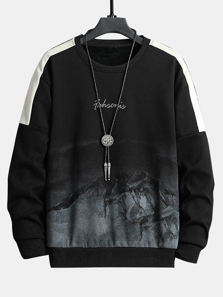 Herr Fjällgrafik Sweatshirt in svart, Relaxad Passform Streetwear