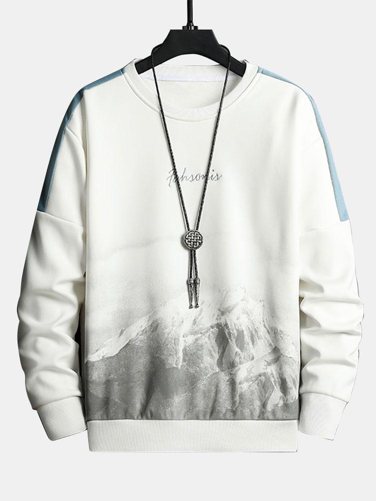 Herr Fjällgrafik Sweatshirt in vit, Relaxad Passform Streetwear