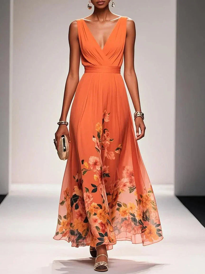 Herr Formell Klänning Blommig - Elegant V-ringning - Orange