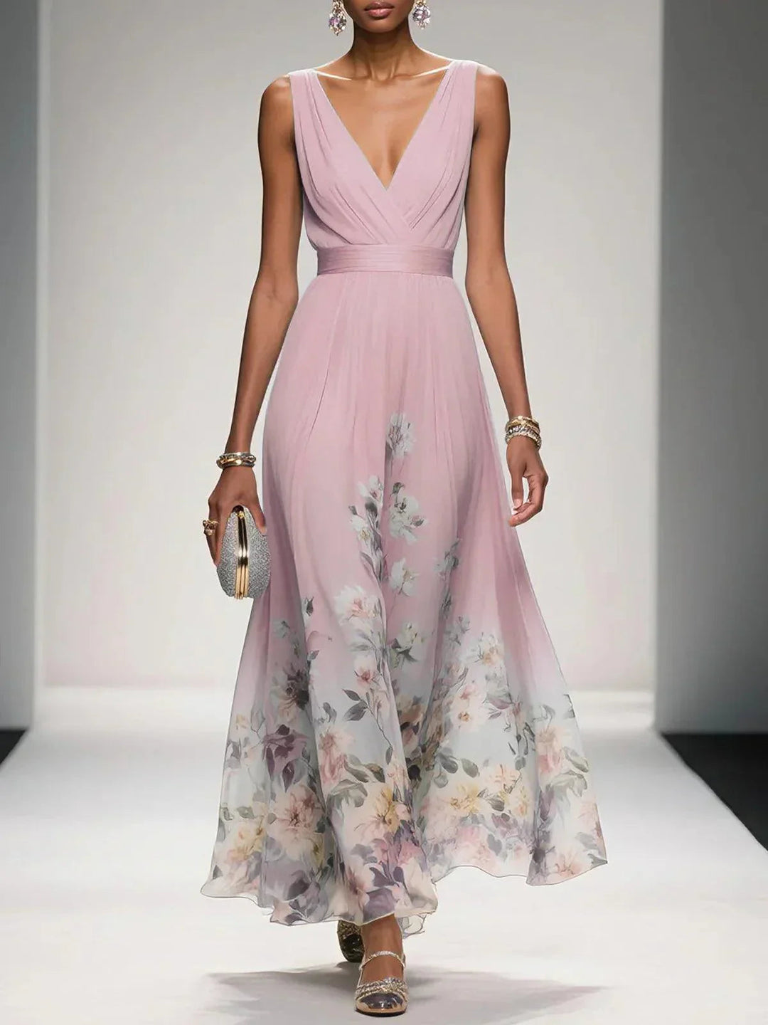 Herr Formell Klänning Blommig - Elegant V-ringning - Rosa