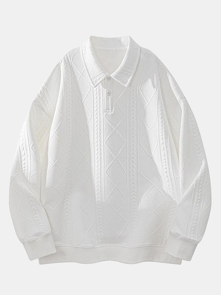 Herr Geometrisk Jacquard Polokrage Sweatshirt in vit, Avslappnad Passform