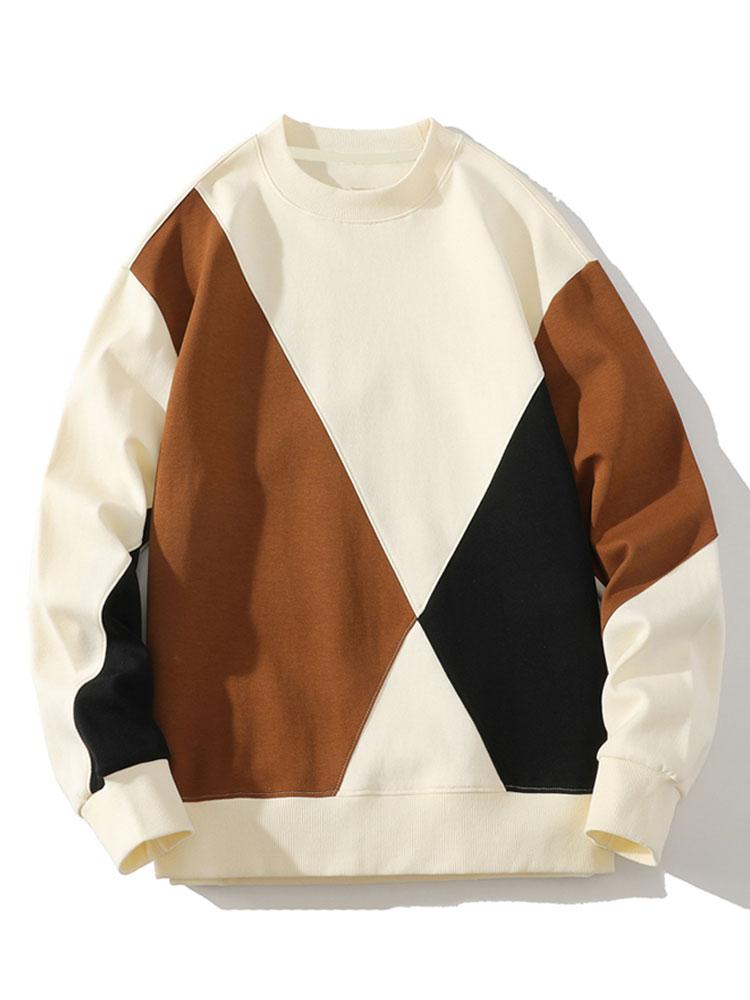 Herr Geometrisk Patchwork Sweatshirt – Relaxad Passform Casual Pullove - Beige