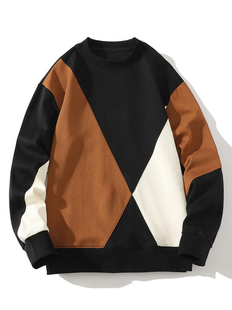 Herr Geometrisk Patchwork Sweatshirt – Relaxad Passform Casual Pullove - Svart