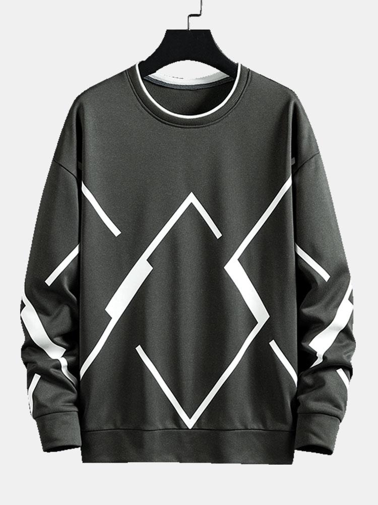 Herr Geometrisk Tryck Sweatshirt – Avslappnad Passform - Mörkgrå