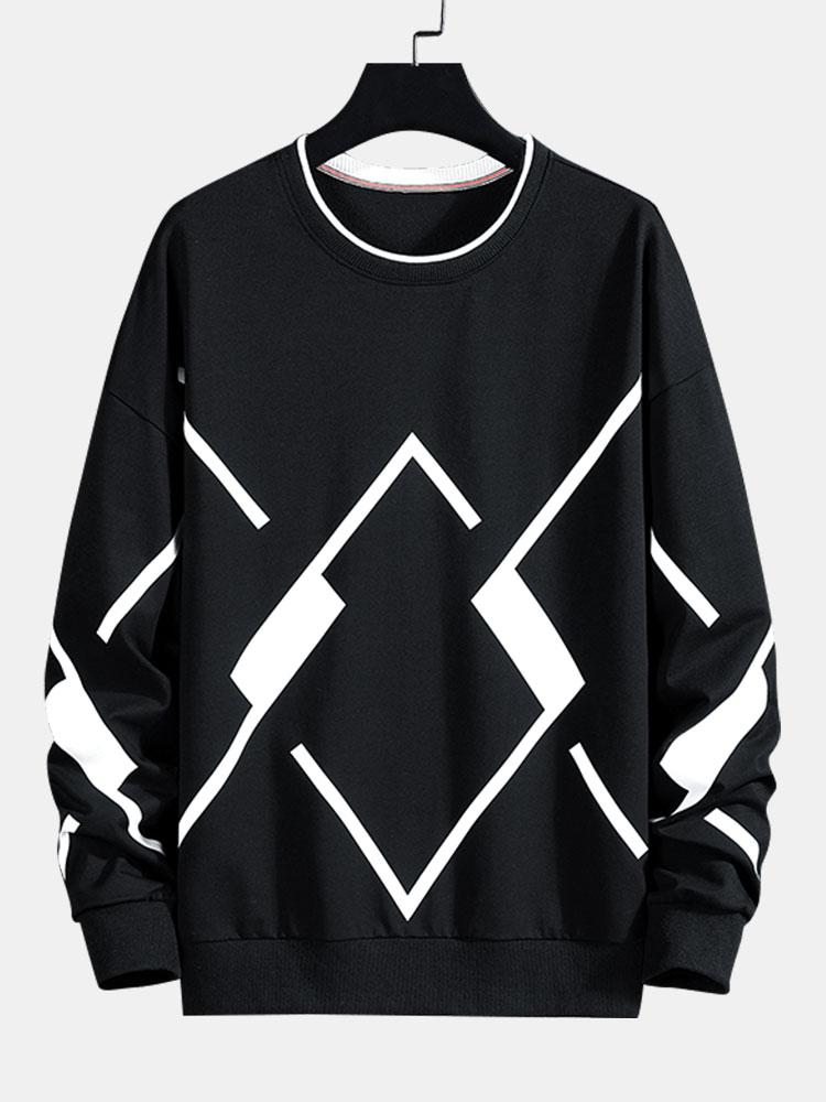 Herr Geometrisk Tryck Sweatshirt – Avslappnad Passform - Svart