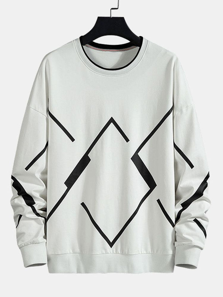 Herr Geometrisk Tryck Sweatshirt – Avslappnad Passform - Vit