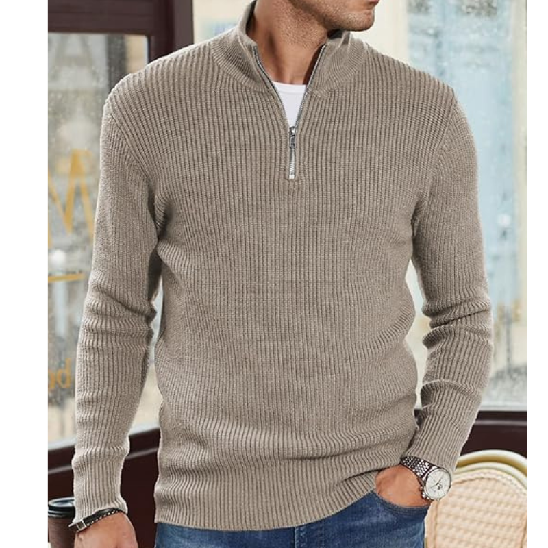 Herr Halv Zip Tröja - Varm Stickad Krage - Khaki