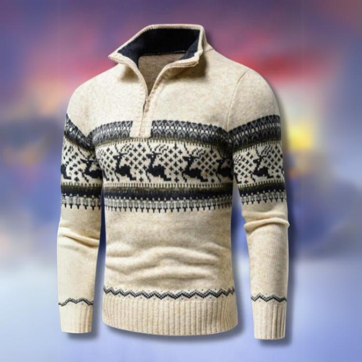 Herr Halv Zip Vinterkofta - Fair Isle Design - Beige