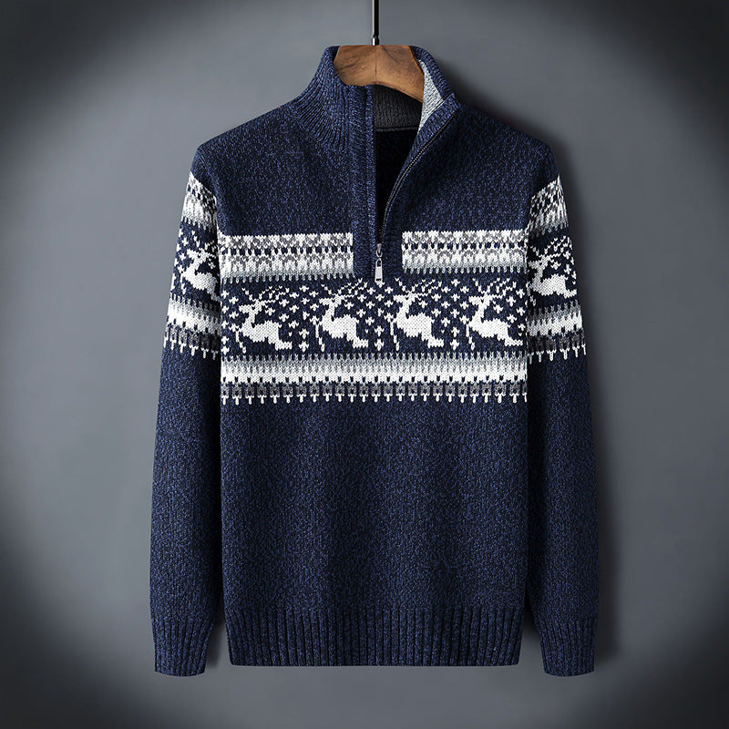 Herr Halv Zip Vinterkofta - Fair Isle Design - Blå
