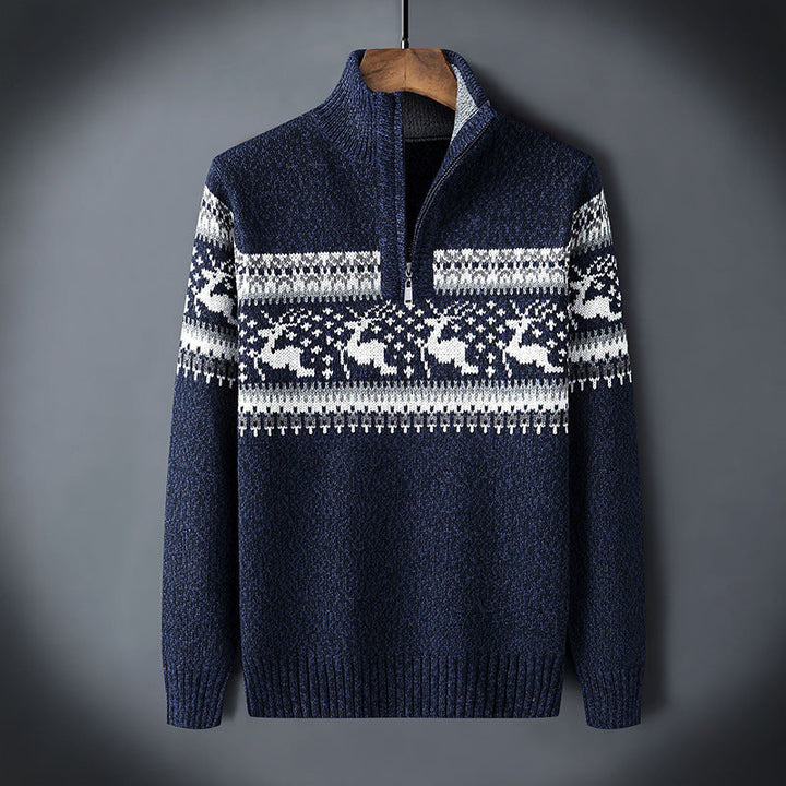 Herr Halv Zip Vinterkofta - Fair Isle Design - Blå