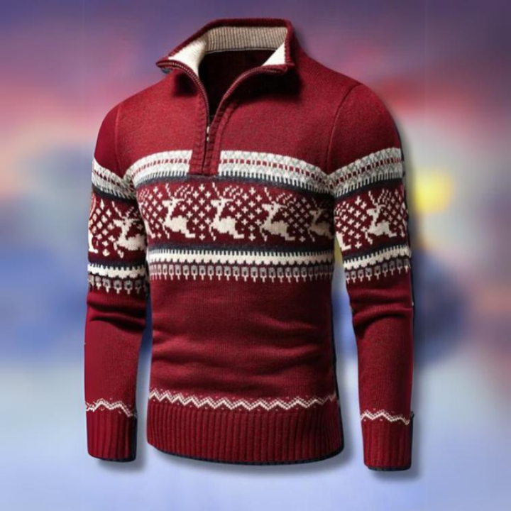 Herr Halv Zip Vinterkofta - Fair Isle Design - Röd