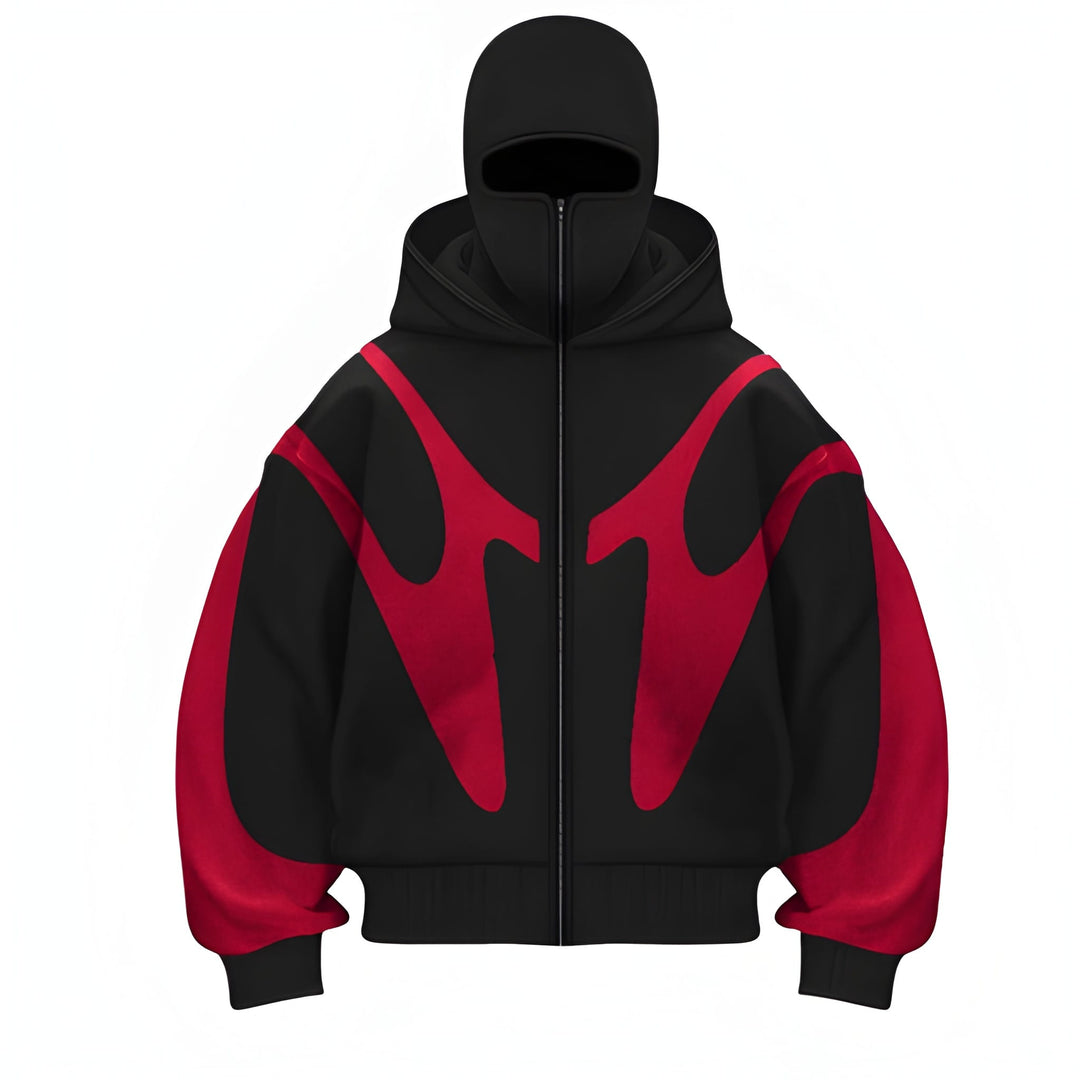Herr Hoodie med Dragkedja - Grafisk Design - Röd-Svart