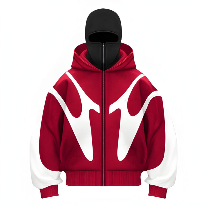 Herr Hoodie med Dragkedja - Grafisk Design - Röd-Vit
