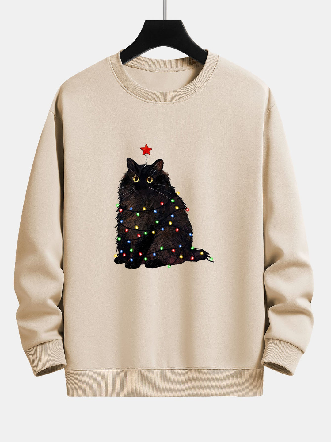 Herr Julgran Kattmotiv Sweatshirt – Mysig Passform Bomullsblandning - Beige
