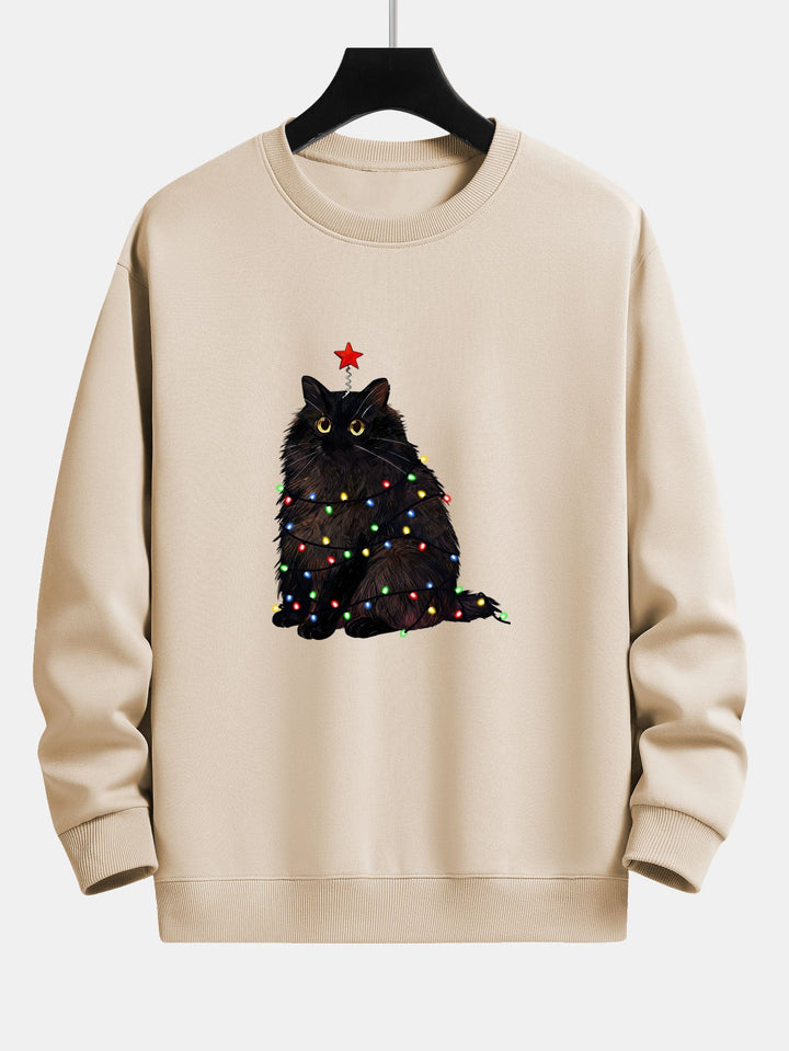 Herr Julgran Kattmotiv Sweatshirt – Mysig Passform Bomullsblandning - Beige