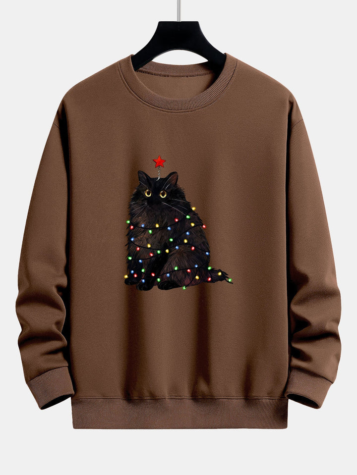 Herr Julgran Kattmotiv Sweatshirt – Mysig Passform Bomullsblandning - Brun