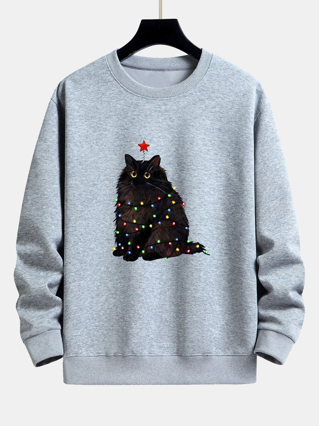Herr Julgran Kattmotiv Sweatshirt – Mysig Passform Bomullsblandning - Grå