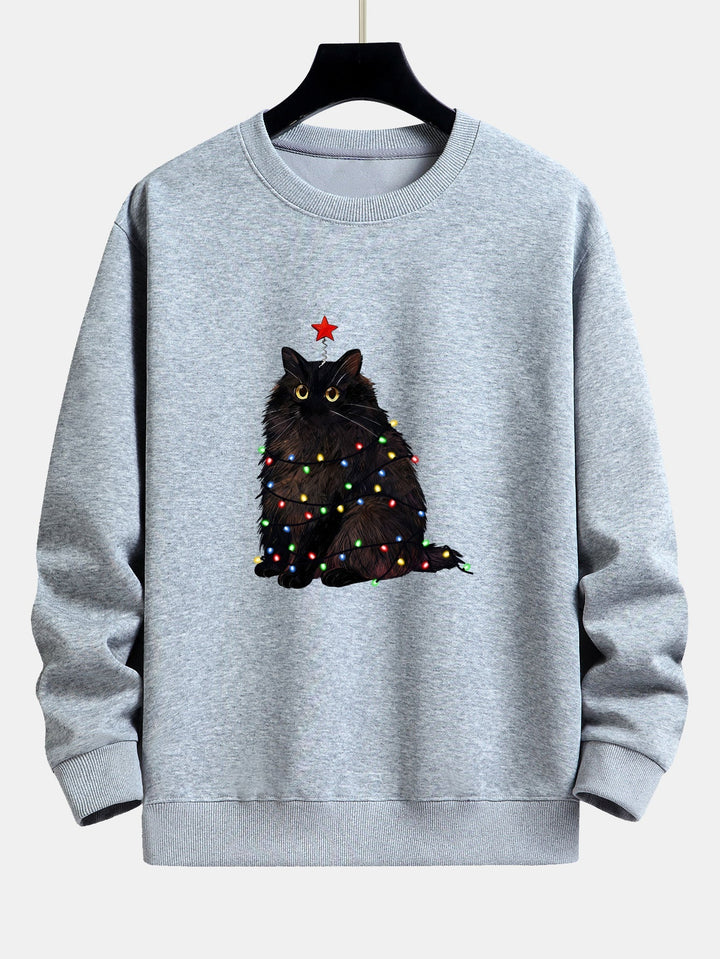 Herr Julgran Kattmotiv Sweatshirt – Mysig Passform Bomullsblandning - Grå