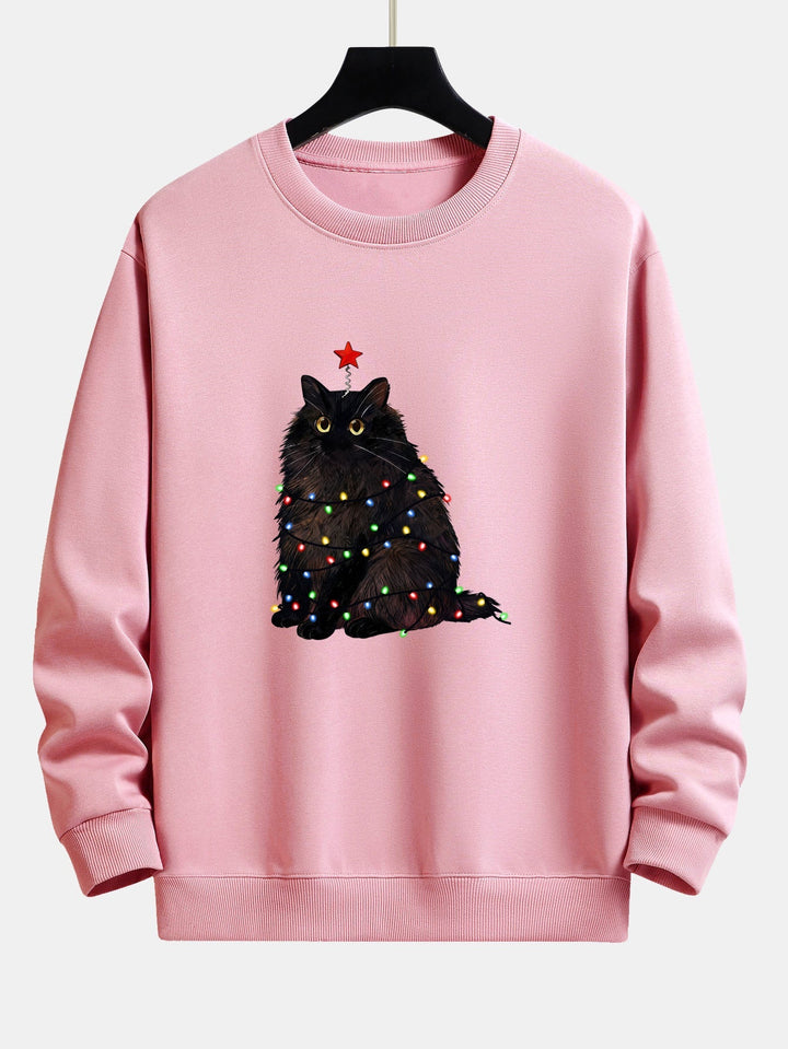 Herr Julgran Kattmotiv Sweatshirt – Mysig Passform Bomullsblandning - Ljusrosa