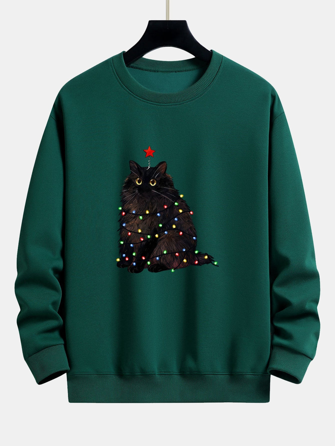 Herr Julgran Kattmotiv Sweatshirt – Mysig Passform Bomullsblandning - Mörkgrön