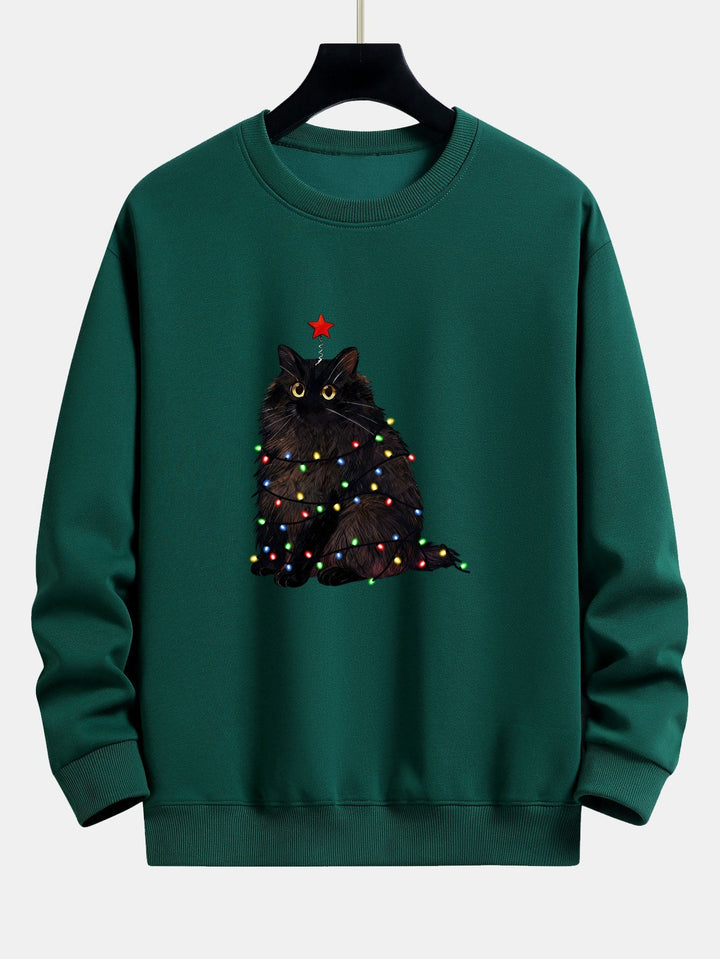 Herr Julgran Kattmotiv Sweatshirt – Mysig Passform Bomullsblandning - Mörkgrön