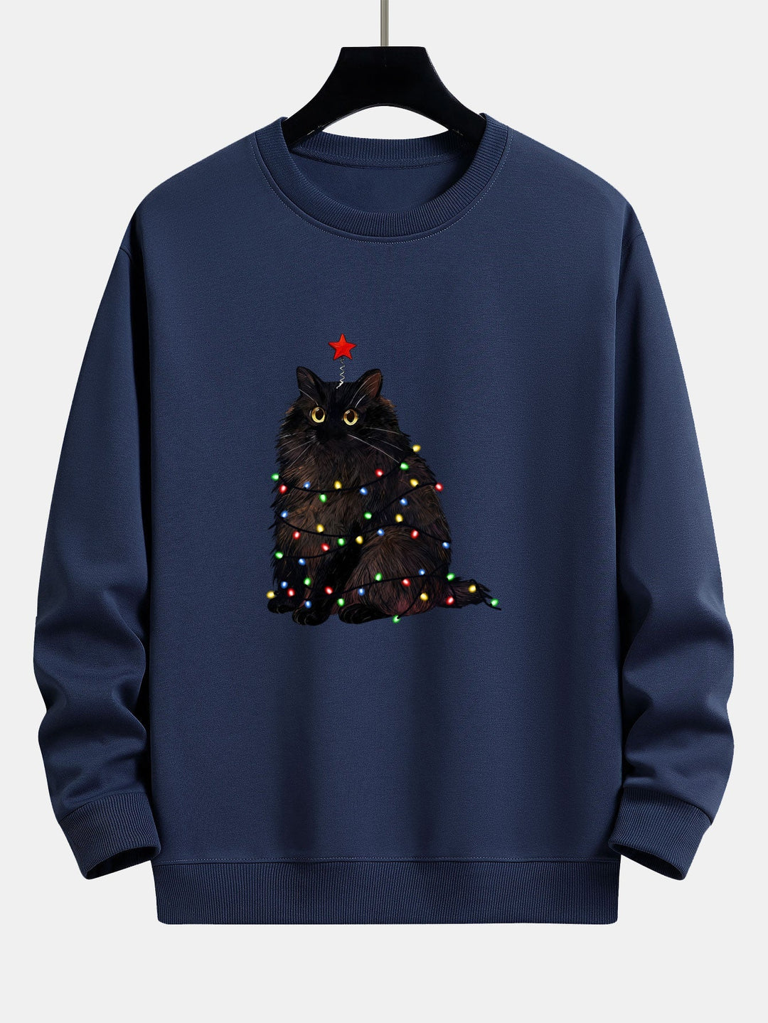 Herr Julgran Kattmotiv Sweatshirt – Mysig Passform Bomullsblandning - Marinblå