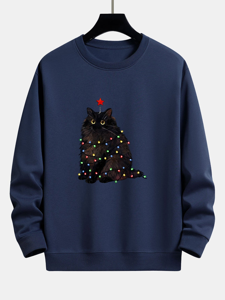 Herr Julgran Kattmotiv Sweatshirt – Mysig Passform Bomullsblandning - Marinblå