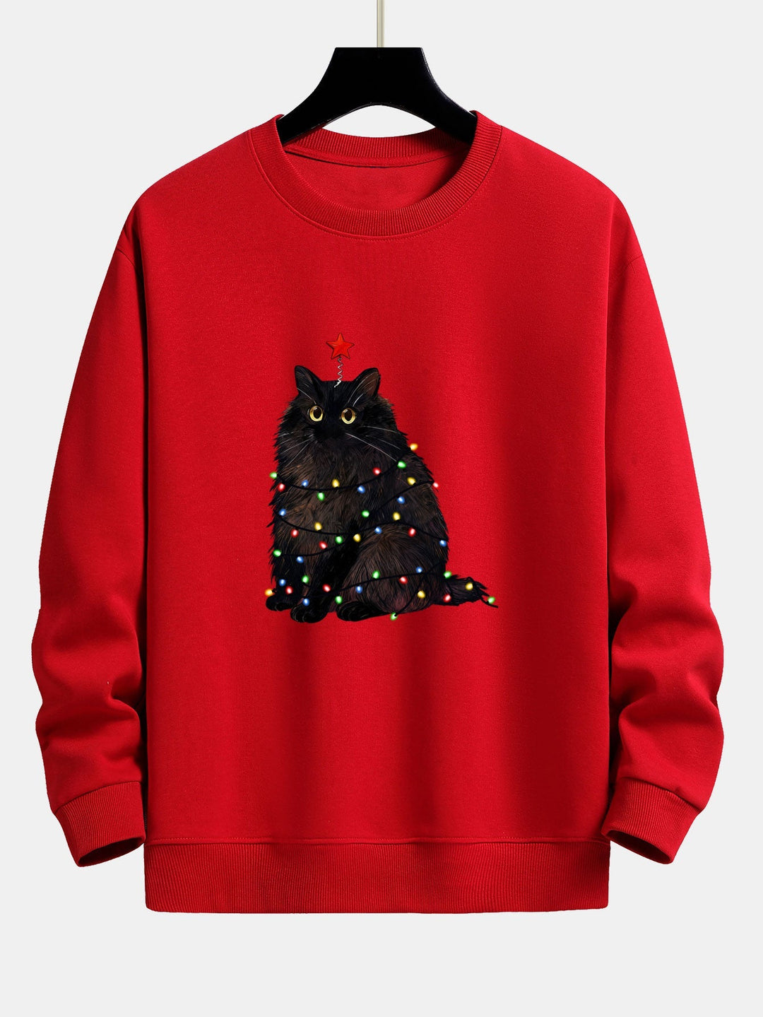 Herr Julgran Kattmotiv Sweatshirt – Mysig Passform Bomullsblandning - Röd
