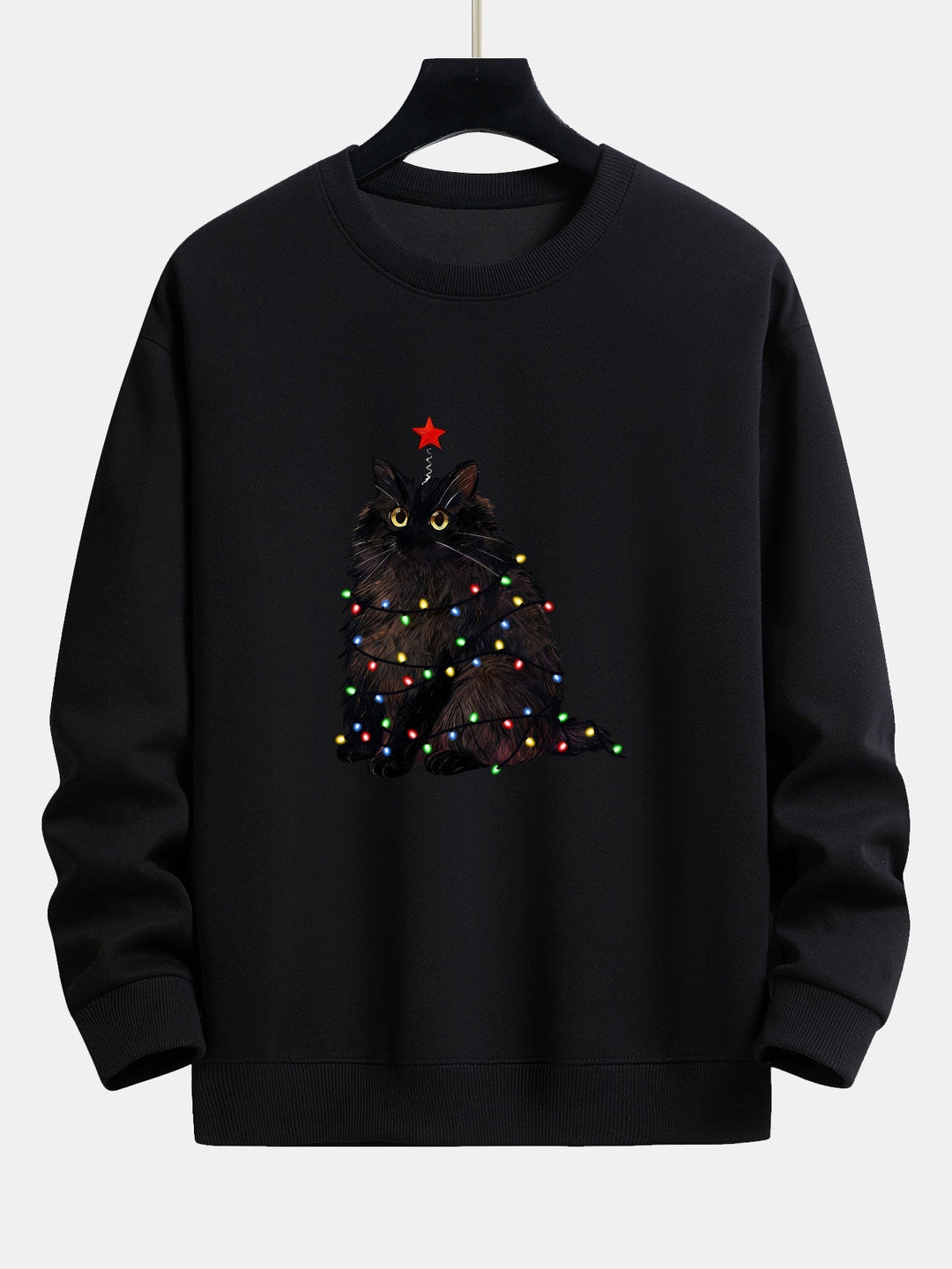 Herr Julgran Kattmotiv Sweatshirt – Mysig Passform Bomullsblandning - Svart