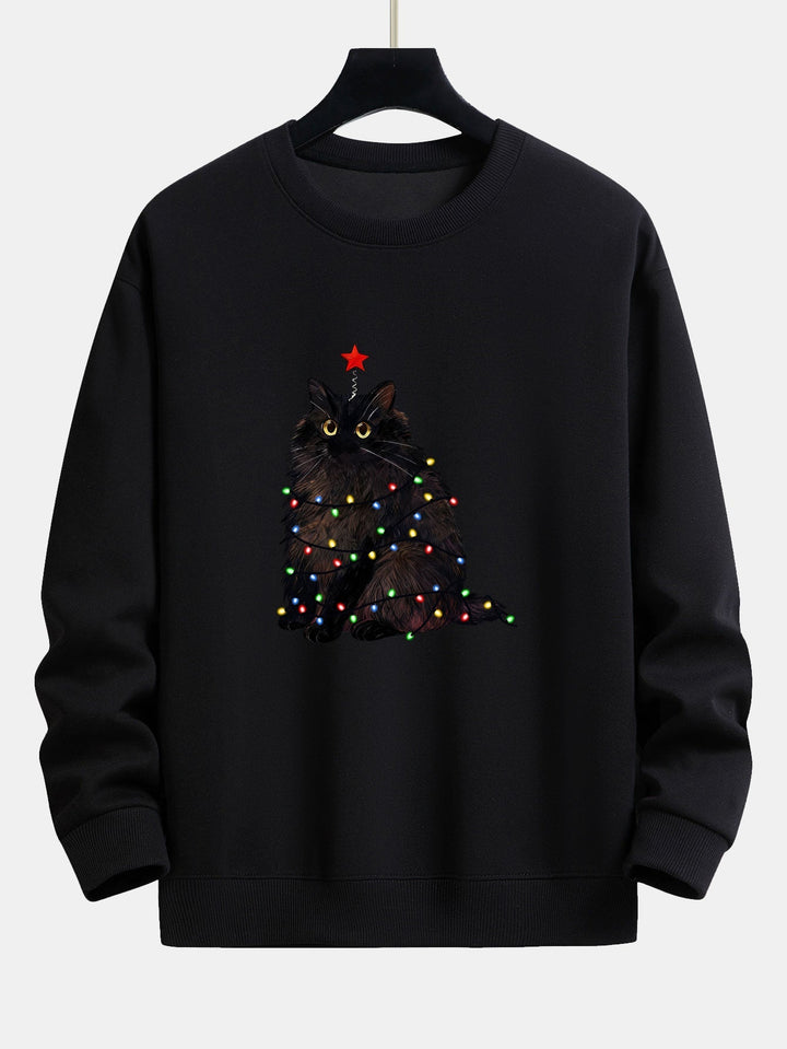 Herr Julgran Kattmotiv Sweatshirt – Mysig Passform Bomullsblandning - Svart
