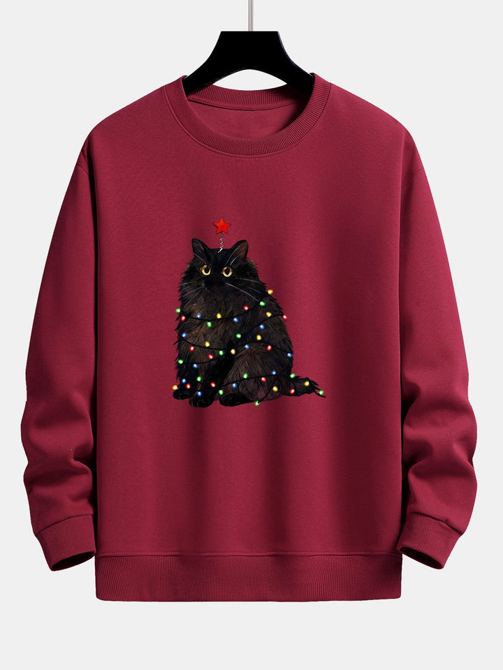 Herr Julgran Kattmotiv Sweatshirt – Mysig Passform Bomullsblandning - Vinröd