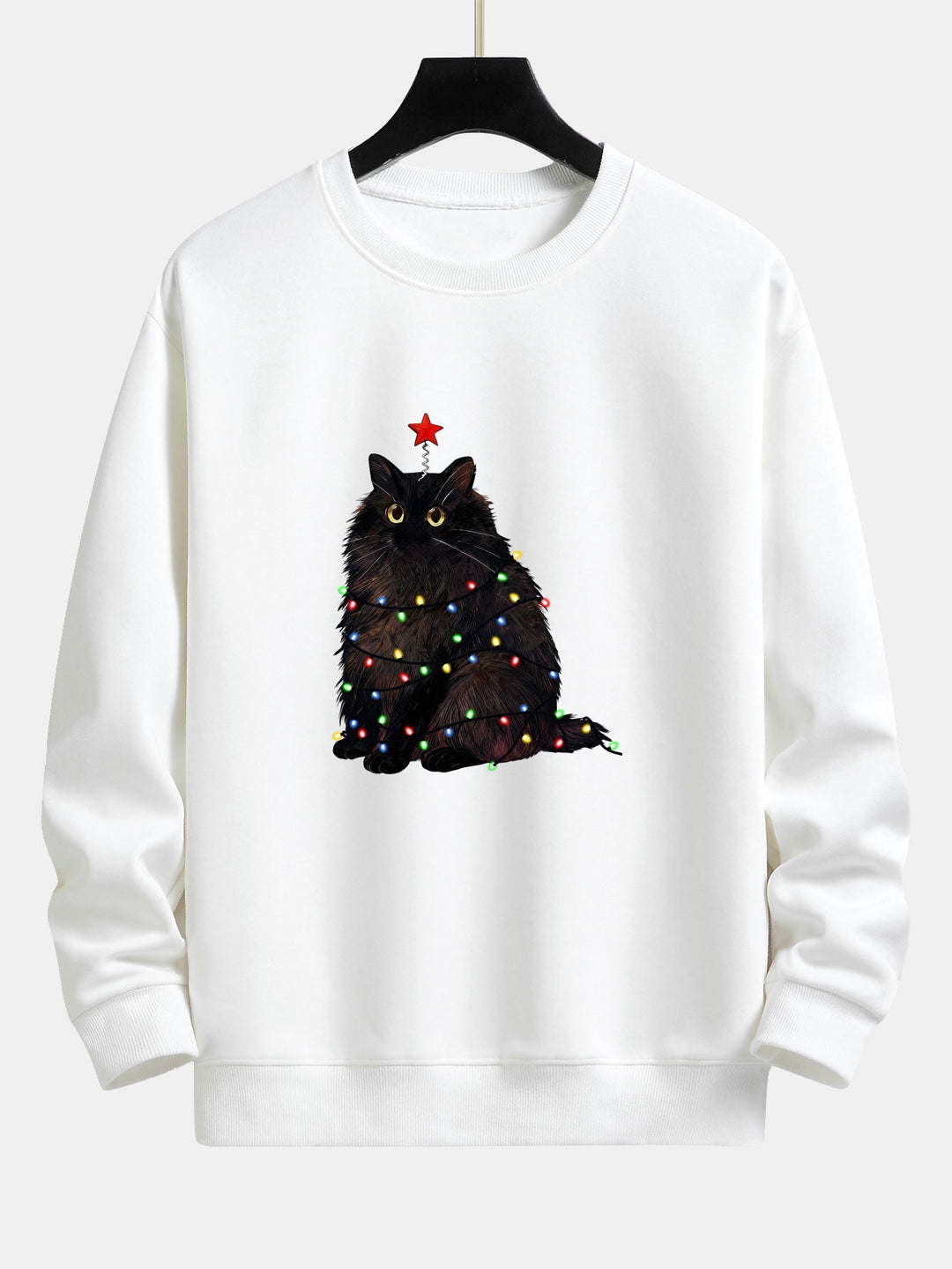 Herr Julgran Kattmotiv Sweatshirt – Mysig Passform Bomullsblandning - Vit