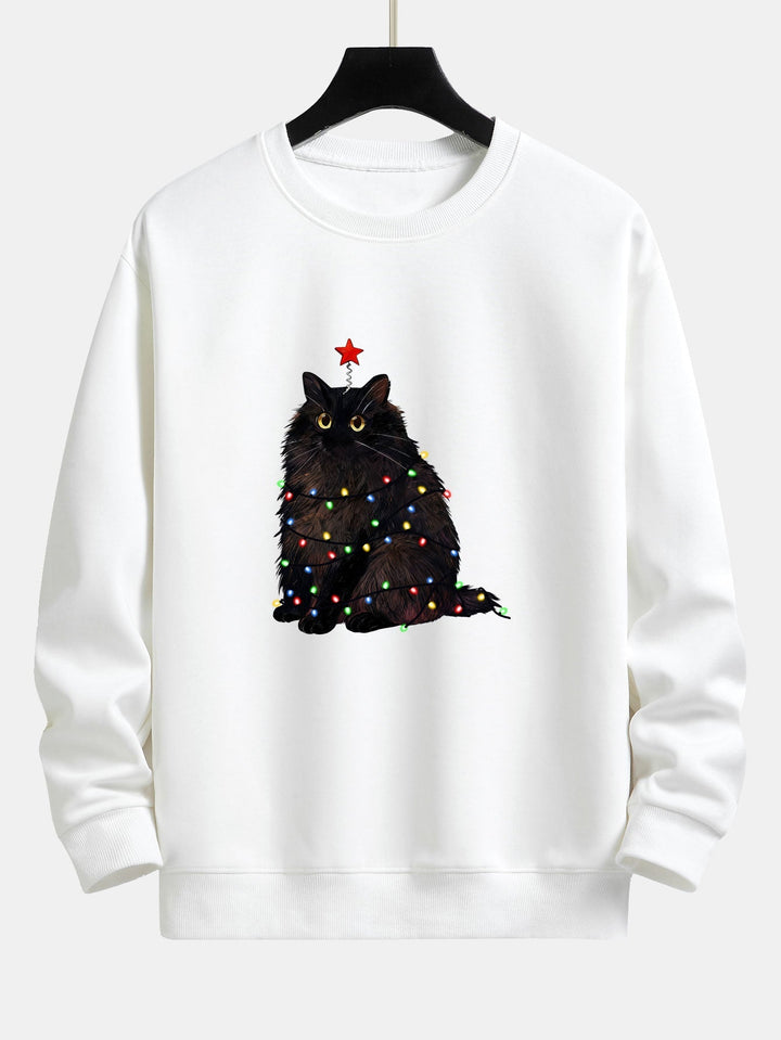 Herr Julgran Kattmotiv Sweatshirt – Mysig Passform Bomullsblandning - Vit