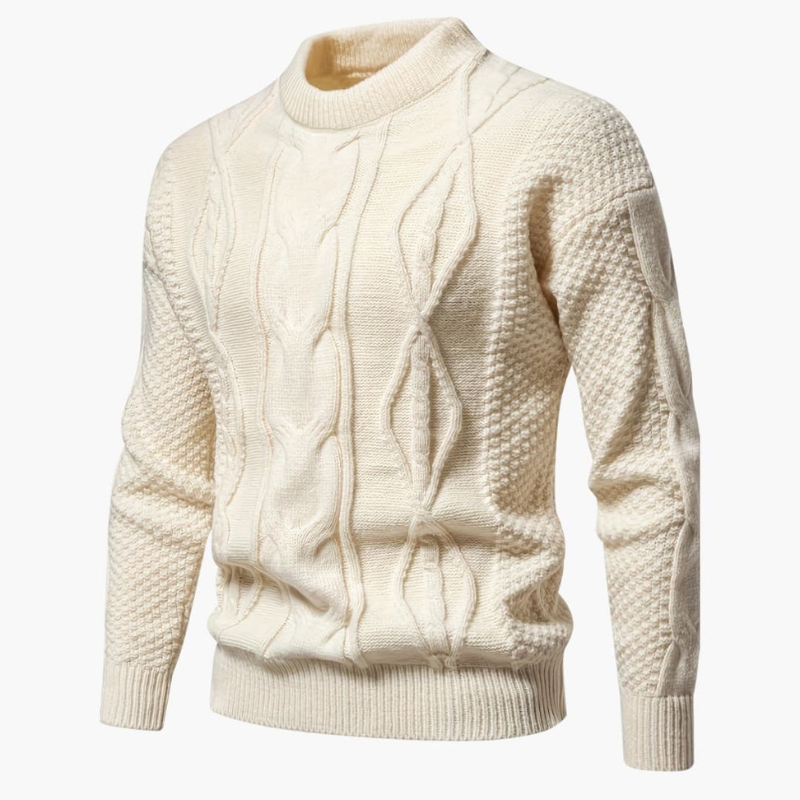 Herr Kabelstickad Tröja - Klassisk Rundning - Beige