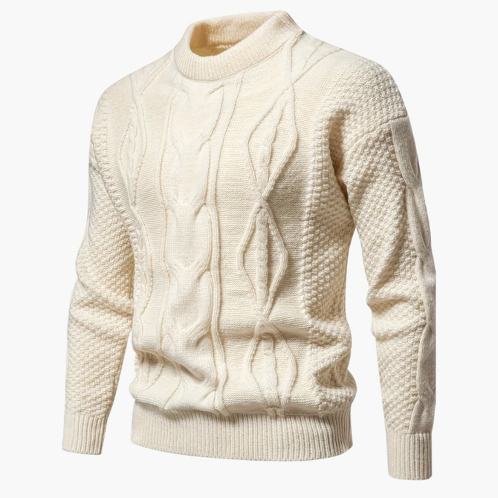 Herr Kabelstickad Tröja - Klassisk Rundning - Beige
